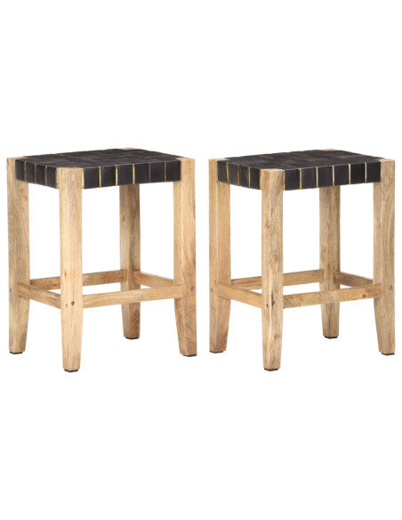Tabourets de bar Bohème / Nature en lot de 2 en cuir véritable Noir 60 cm {attributes} Tabourets de bar Bohème / Nature en lot de 2 en cuir véritable Noir 60 cm {attributes}