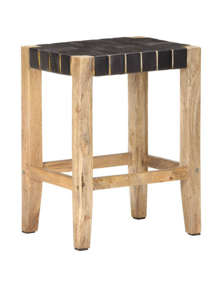 Tabourets de bar Bohème / Nature en lot de 2 en cuir véritable Noir 60 cm {attributes} Tabourets de bar Bohème / Nature en lot de 2 en cuir véritable Noir 60 cm {attributes}