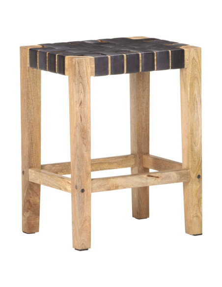 Tabourets de bar Bohème / Nature en lot de 2 en cuir véritable Noir 60 cm {attributes} Tabourets de bar Bohème / Nature en lot de 2 en cuir véritable Noir 60 cm {attributes}