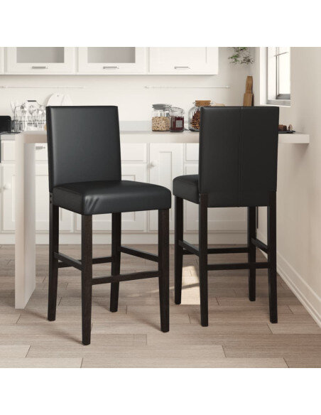 Chaise de bar campagne / chic en lot de 2 en bois massif d'hévéa et similicuir Noir  {attributes}