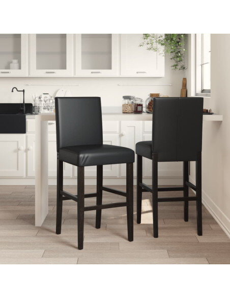 Chaise de bar campagne / chic en lot de 2 en bois massif d'hévéa et similicuir Noir  {attributes}