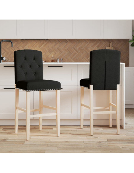 Chaise de bar campagne / chic en lot de 2 en bois massif d'hévéa et tissu Noir  {attributes} Chaise de bar campagne / chic en lot de 2 en bois massif d'hévéa et tissu Noir  {attributes}