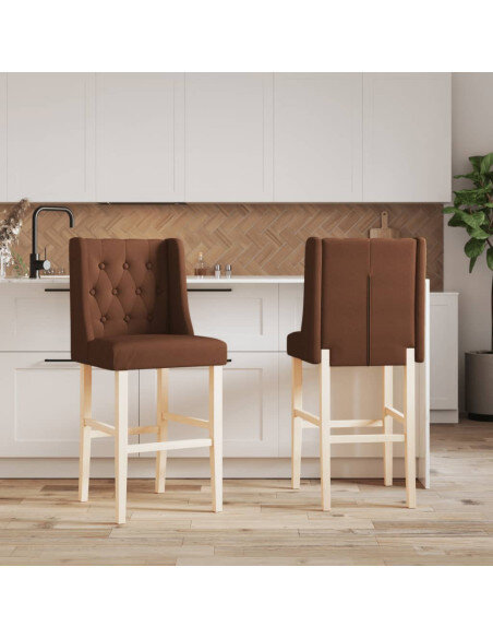Chaise de bar campagne / chic en lot de 2 en bois massif d'hévéa et tissu Brun  {attributes}