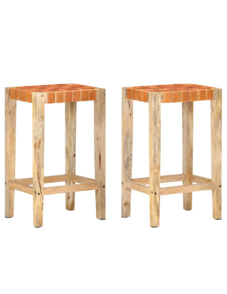 Tabourets de bar Bohème / Nature en lot de 2 en cuir véritable & Bois Brun 75 cm {attributes}