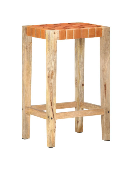 Tabourets de bar Bohème / Nature en lot de 2 en cuir véritable & Bois Brun 75 cm {attributes}
