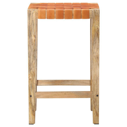Tabourets de bar Bohème / Nature en lot de 2 en cuir véritable & Bois Brun 75 cm {attributes}