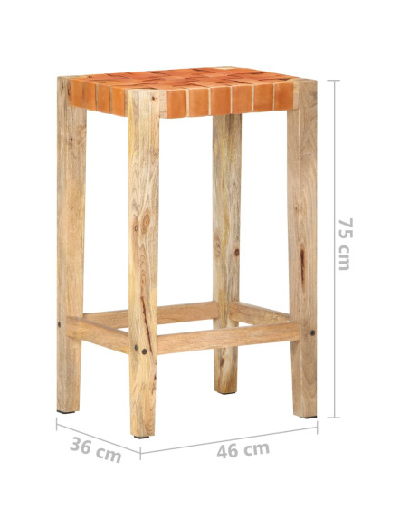 Tabourets de bar Bohème / Nature en lot de 2 en cuir véritable & Bois Brun 75 cm {attributes}