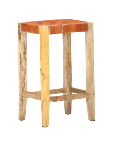 Tabourets de bar Bohème / Nature en lot de 2 en cuir véritable & Bois Brun 75 cm {attributes}