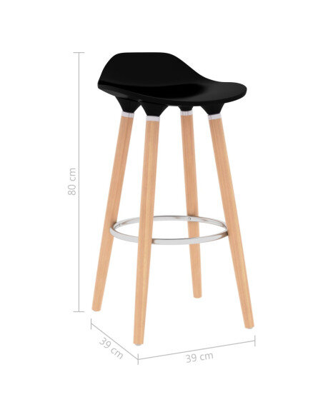 Tabourets de bar en lot de 2 en plastique, bois de hêtre massif, métal Noir  
