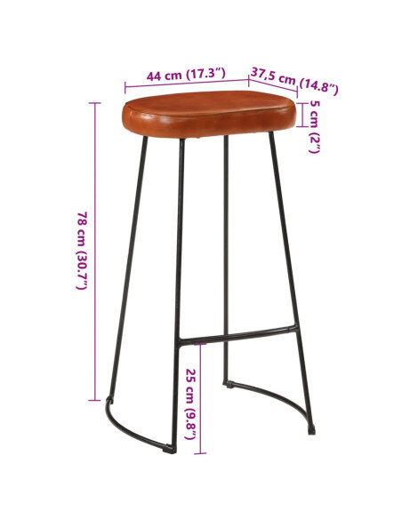 Tabourets de bar  Industriel / Rétro - Vintage en lot de 2 avec cadre en métal et revêtement en cuir Brun 44 x 37.5 x 78 cm Tabourets de bar  Industriel / Rétro - Vintage en lot de 2 avec cadre en métal et revêtement en cuir Brun 44 x 37.5 x 78 cm