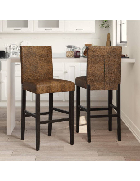 Chaise de bar campagne / chic en lot de 2 en bois massif d'hévéa et tissu Brun  {attributes}