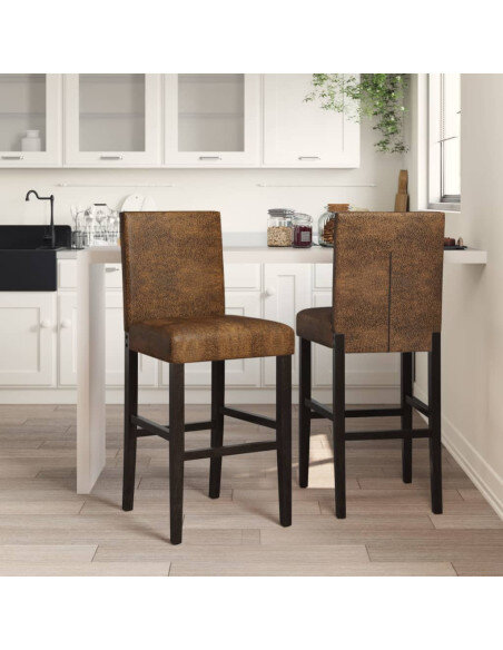 Chaise de bar campagne / chic en lot de 2 en bois massif d'hévéa et tissu Brun  {attributes}