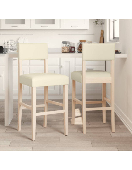 Chaise de bar campagne / chic en lot de 2 en bois massif d'hévéa et similicuir Crème  {attributes}