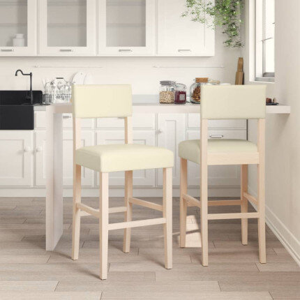 Chaise de bar campagne / chic en lot de 2 en bois massif d'hévéa et similicuir Crème  {attributes}