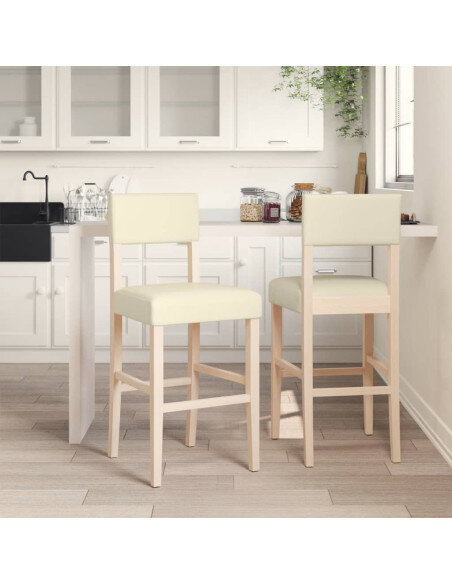 Chaise de bar campagne / chic en lot de 2 en bois massif d'hévéa et similicuir Crème  {attributes}