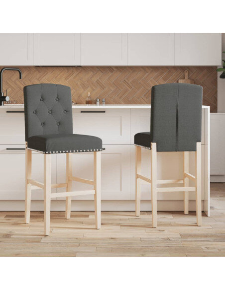 Chaise de bar campagne / chic en lot de 2 en bois massif d'hévéa et tissu Gris  {attributes}
