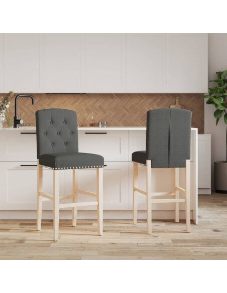Chaise de bar campagne / chic en lot de 2 en bois massif d'hévéa et tissu Gris  {attributes}