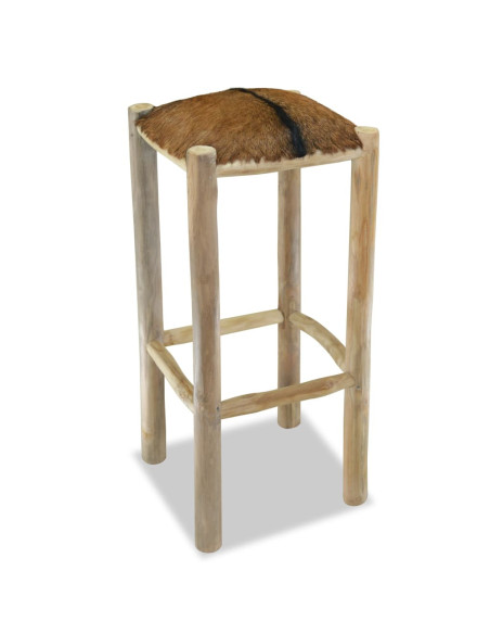 Tabourets de bar Bohème / Nature en cuir véritable et bois de teck Brun  {attributes}