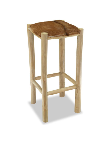 Tabourets de bar Bohème / Nature en cuir véritable et bois de teck Brun  {attributes}
