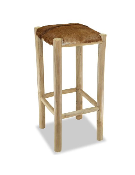 Tabourets de bar Bohème / Nature en cuir véritable et bois de teck Brun  {attributes}