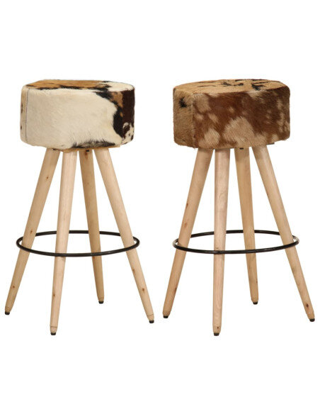 Tabourets de bar Bohème / Nature fourrure en lot de 2 en cuir véritable et bois de manguier Brun  {attributes} Tabourets de bar Bohème / Nature fourrure en lot de 2 en cuir véritable et bois de manguier Brun  {attributes}
