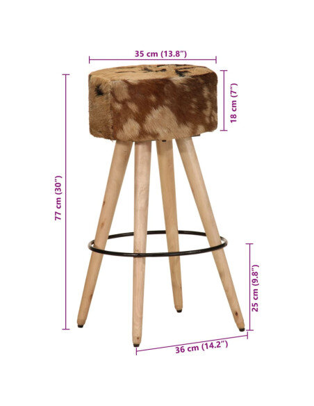 Tabourets de bar Bohème / Nature fourrure en lot de 2 en cuir véritable et bois de manguier Brun  {attributes} Tabourets de bar Bohème / Nature fourrure en lot de 2 en cuir véritable et bois de manguier Brun  {attributes}