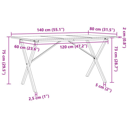 Table à manger Style Industriel cadre en X en bois de pin massif & fonte 140 x 80 x 75 cm {attributes}