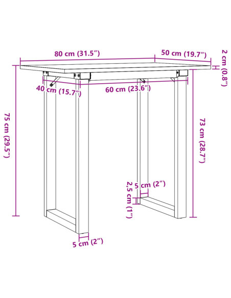 Table à manger Style Industriel cadre en O en bois de pin massif & fonte 80 x 50 x 75 cm {attributes}