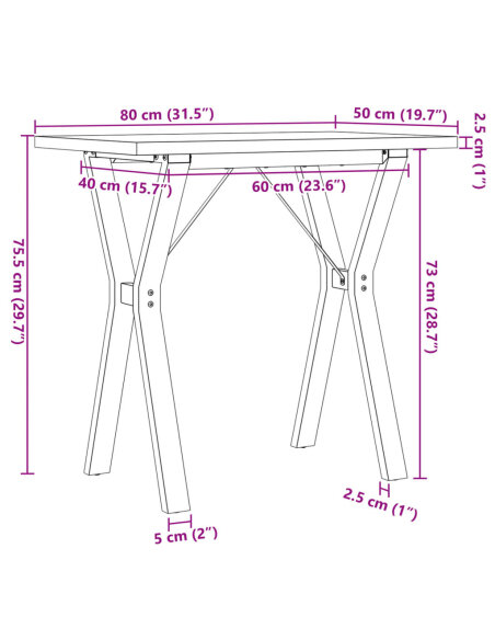 Table à manger Style Industriel cadre en Y en bois de pin massif & fonte 80 x 50 x 75.5 cm {attributes}