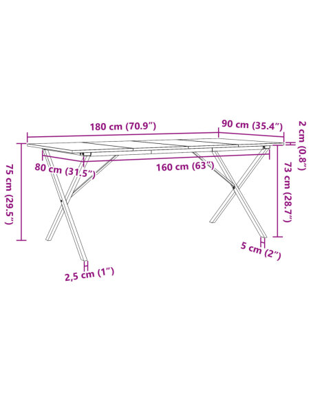 Table à manger Style Industriel cadre en X en bois de pin massif & fonte 180 x 90 x 75 cm {attributes}