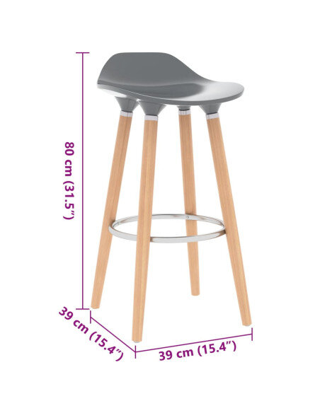 Chaise de bar en lot de 2 en plastique, bois de hêtre massif, métal Gris   Chaise de bar en lot de 2 en plastique, bois de hêtre massif, métal Gris