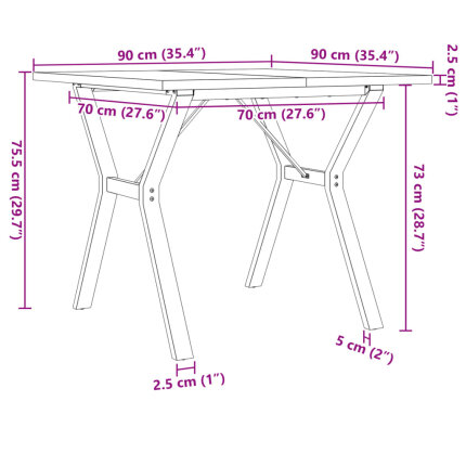 Table à manger Style Industriel cadre en Y en bois de pin massif & fonte 90 x 90 x 75.5 cm {attributes}