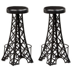 Tabourets de bar industriel tour Eiffel en lot de 2 en cuir véritable Noir  {attributes}