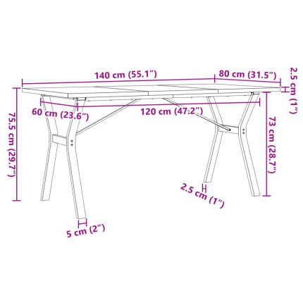 Table à manger Style Industriel cadre en Y en bois de pin massif & fonte 140 x 80 x 75.5 cm {attributes}