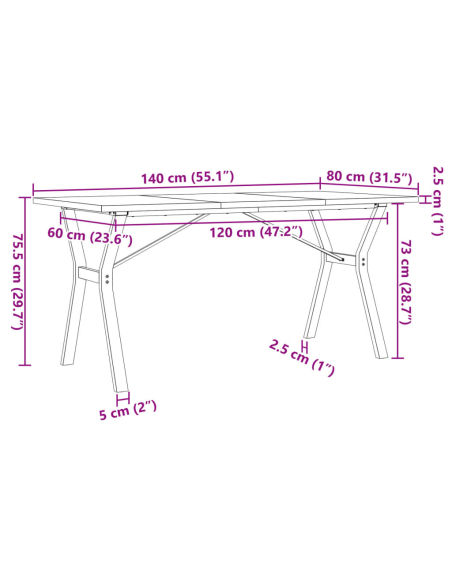 Table à manger Style Industriel cadre en Y en bois de pin massif & fonte 140 x 80 x 75.5 cm {attributes}