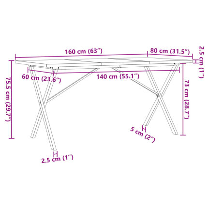 Table à manger Style Industriel cadre en X en bois de pin massif & fonte 160 x 80 x 75.5 cm {attributes}