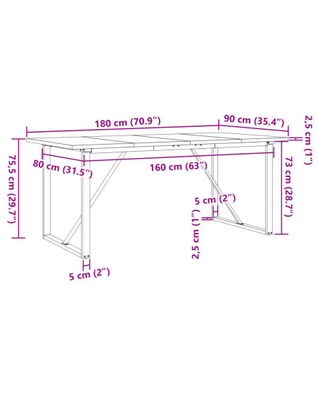 Table à manger Style Industriel cadre en O en bois de pin massif & fonte 180 x 90 x 75.5 cm {attributes}