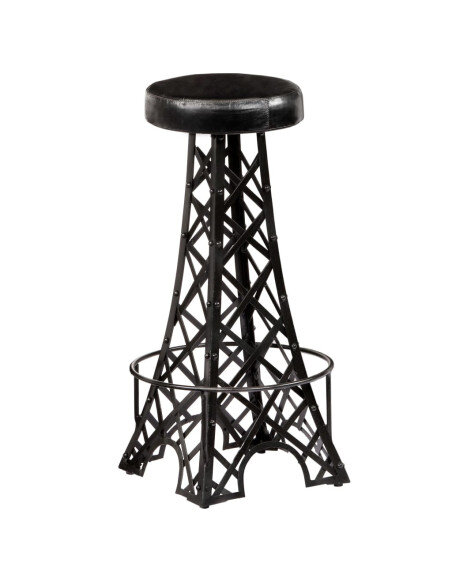 Tabourets de bar industriel tour Eiffel en lot de 2 en cuir véritable Noir  {attributes}