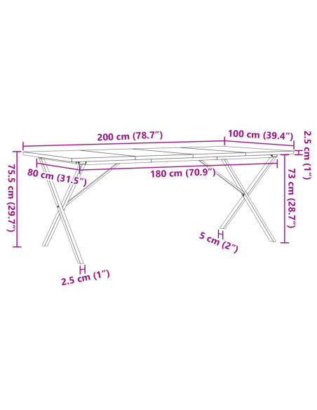 Table à manger Style Industriel cadre en X en bois de pin massif & fonte 200 x 100 x 75.5 cm {attributes}