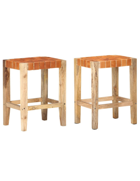 Tabourets de bar Bohème / Nature en lot de 2 en cuir véritable & Bois Brun 60 cm {attributes}