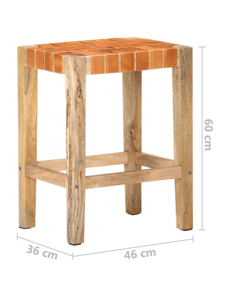 Tabourets de bar Bohème / Nature en lot de 2 en cuir véritable & Bois Brun 60 cm {attributes}