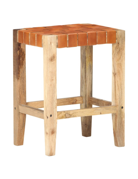Tabourets de bar Bohème / Nature en lot de 2 en cuir véritable & Bois Brun 60 cm {attributes}