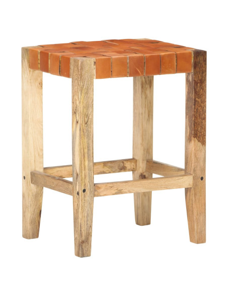 Tabourets de bar Bohème / Nature en lot de 2 en cuir véritable & Bois Brun 60 cm {attributes}