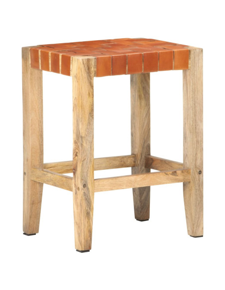 Tabourets de bar Bohème / Nature en lot de 2 en cuir véritable & Bois Brun 60 cm {attributes}