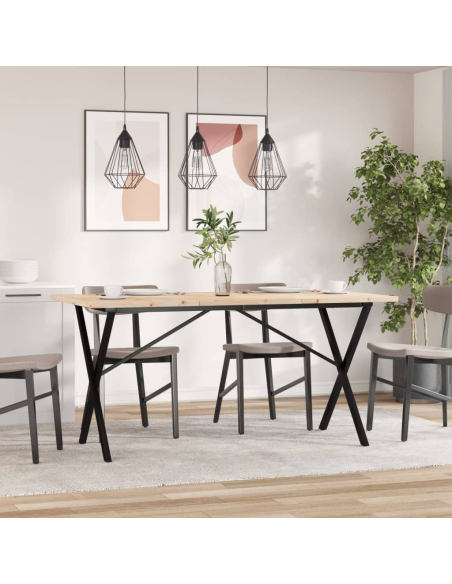 Table à manger Style Industriel cadre en X en bois de pin massif & fonte 140 x 80 x 75.5 cm {attributes}