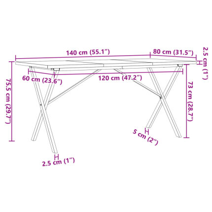 Table à manger Style Industriel cadre en X en bois de pin massif & fonte 140 x 80 x 75.5 cm {attributes}
