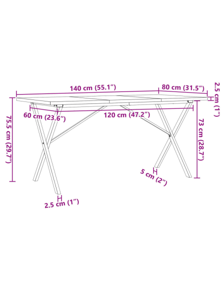 Table à manger Style Industriel cadre en X en bois de pin massif & fonte 140 x 80 x 75.5 cm {attributes}