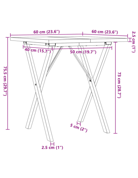 Table à manger Style Industriel cadre en X en bois de pin massif & fonte 60 x 60 x 75.5 cm {attributes}