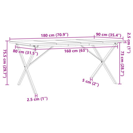 Table à manger Style Industriel cadre en X en bois de pin massif & fonte 180 x 90 x 75.5 cm {attributes}