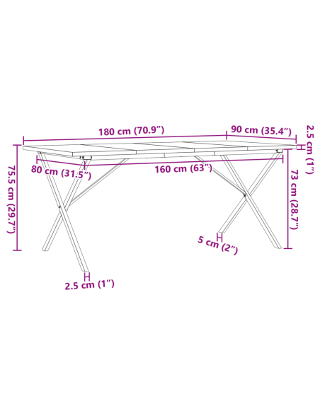 Table à manger Style Industriel cadre en X en bois de pin massif & fonte 180 x 90 x 75.5 cm {attributes}